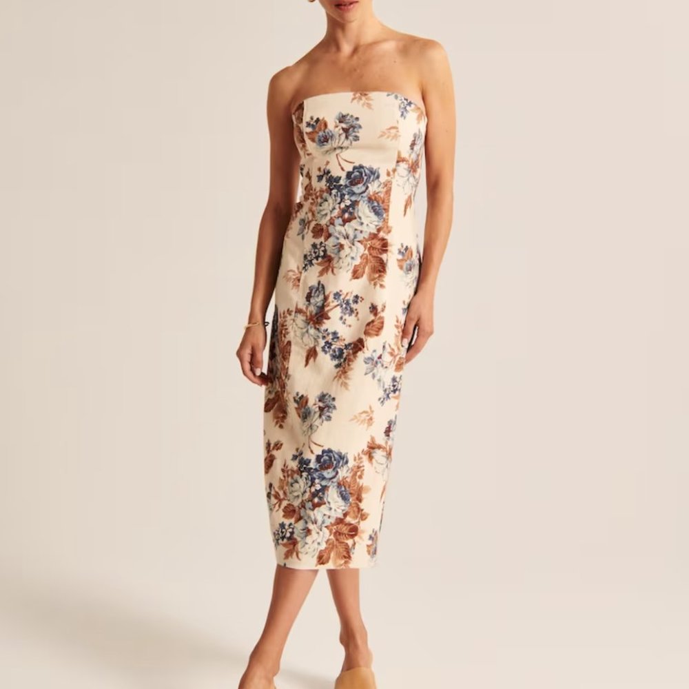 Abercrombie Strapless Linen-Blend Midi Dress XXS PETITE